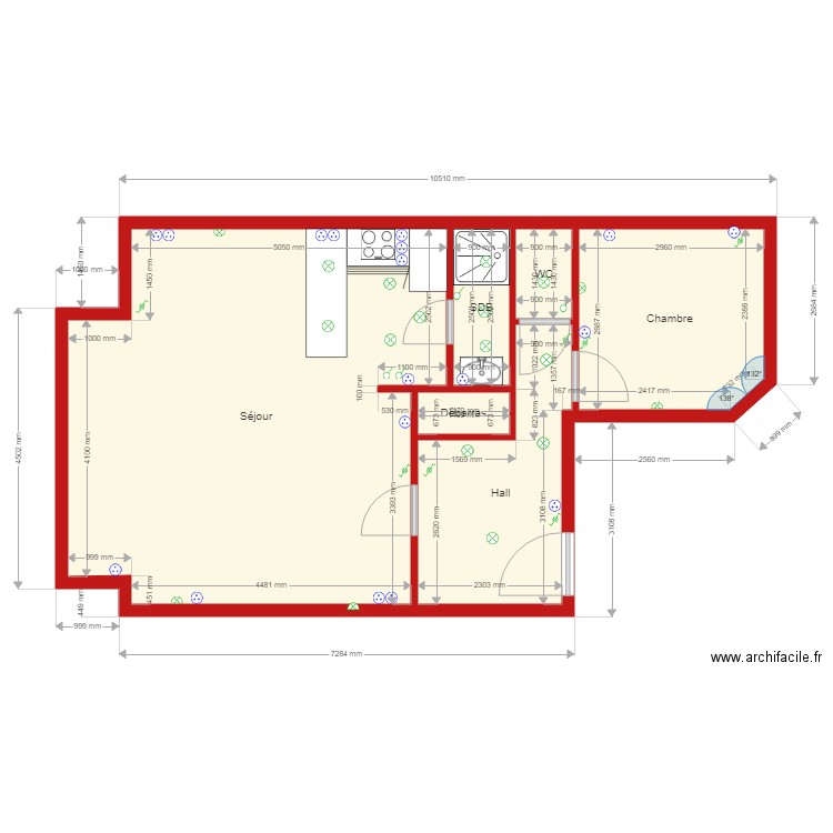 FLAT CENTRAL SITUATION PROJETTEE électricité. Plan de 6 pièces et 53 m2