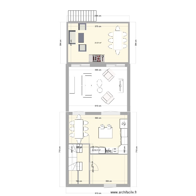 87 GS fond de plan RDC  avec escalier salon. Plan de 2 pièces et 58 m2