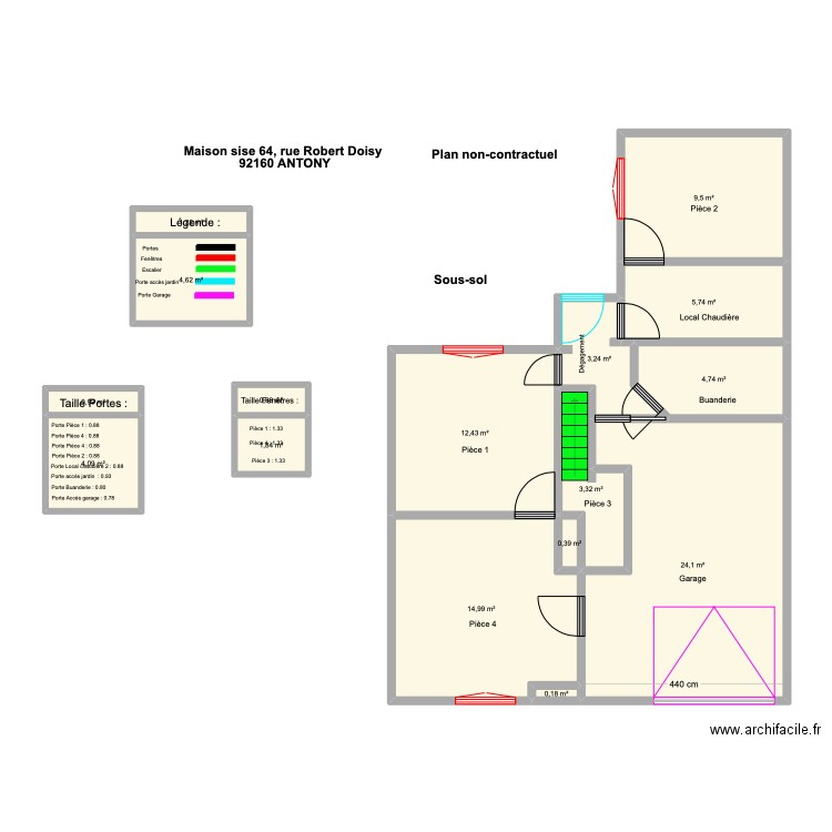 DELAUNE SOUS-SOL avec carrez . Plan de 16 pièces et 92 m2