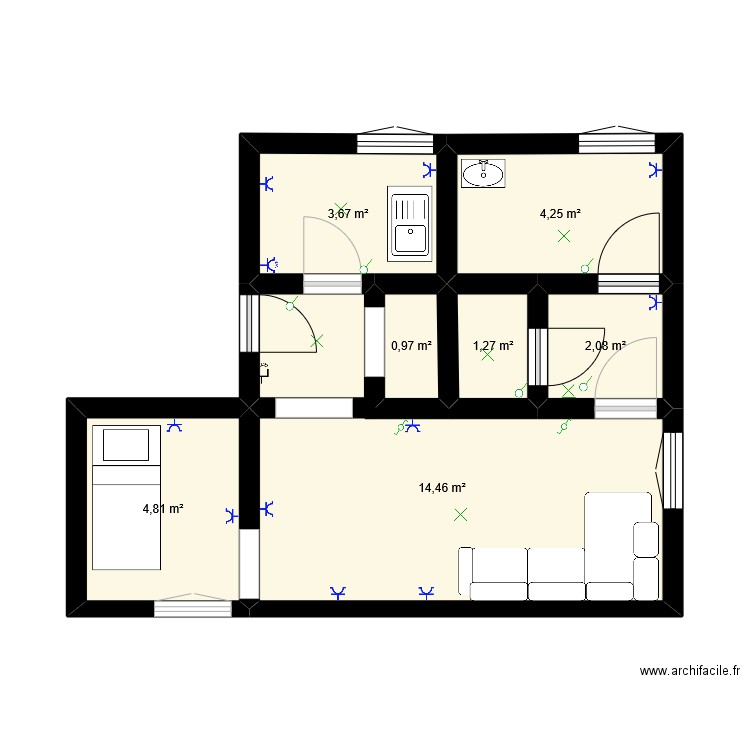 plan de vie . Plan de 7 pièces et 32 m2