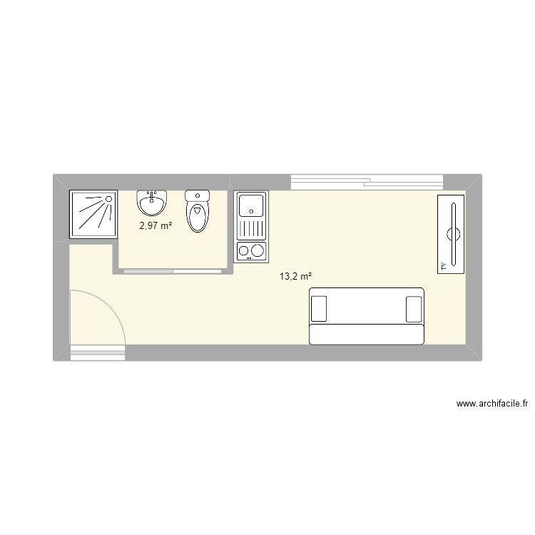 Studio. Plan de 2 pièces et 16 m2