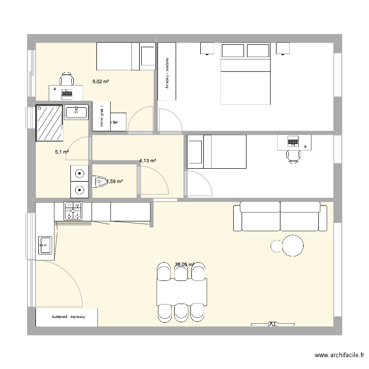 APPARTEMENT RDC GRANGE bis handicapé . Plan de 5 pièces et 58 m2