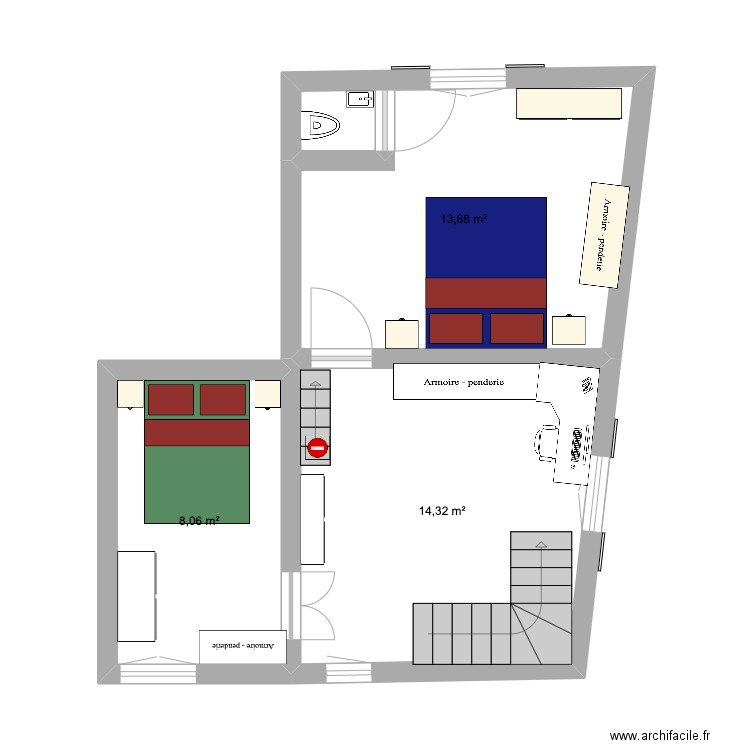 1er etgage. Plan de 3 pièces et 36 m2