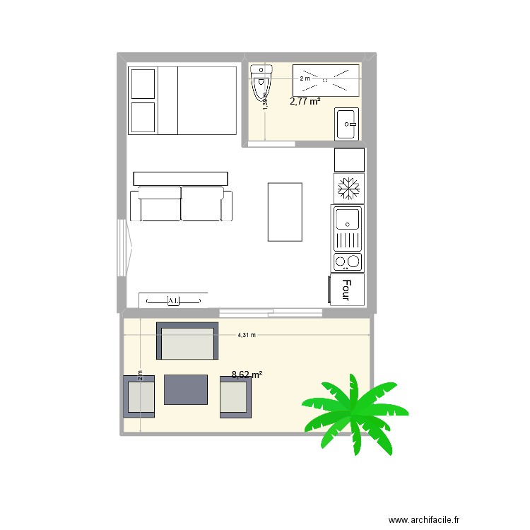 studio meublé 20m2. Plan de 2 pièces et 11 m2