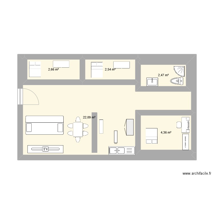 plan bypass. Plan de 5 pièces et 34 m2