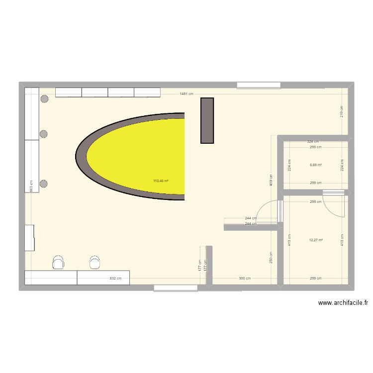 salle de transformation. Plan de 3 pièces et 129 m2