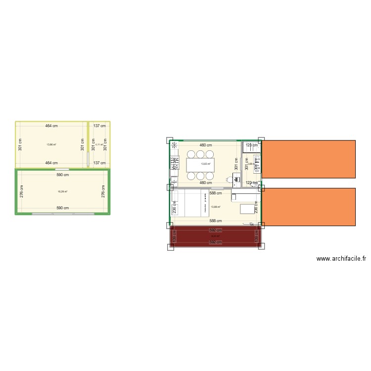 conteneur 20 pieds avec extension . Plan de 7 pièces et 74 m2