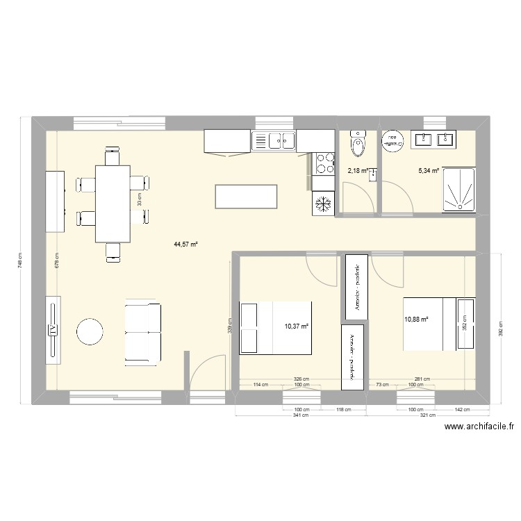 plan maison 70m2 T3. Plan de 5 pièces et 73 m2