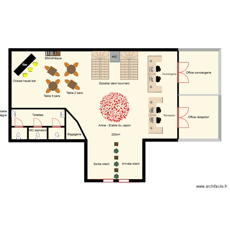 Lobby. Plan de 6 pièces et 198 m2