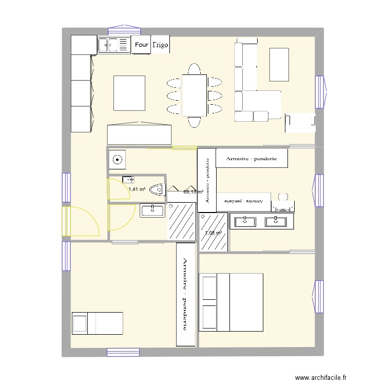 66 bellet. Plan de 3 pièces et 72 m2