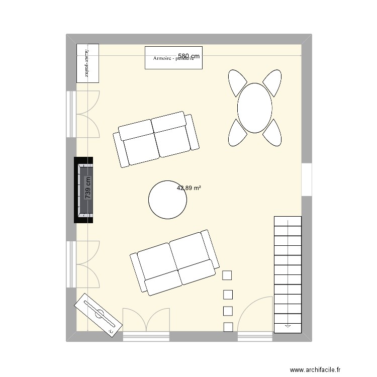 Salle. Plan de 1 pièce et 43 m2