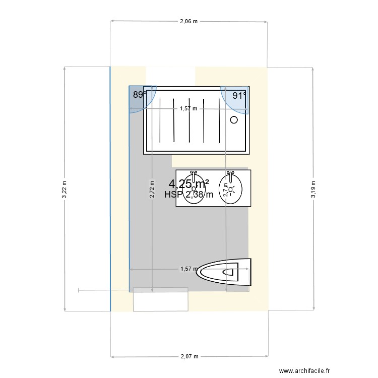 sdb 1. Plan de 1 pièce et 4 m2