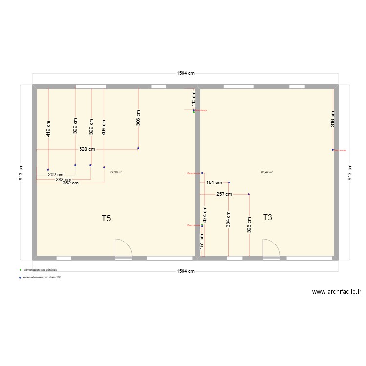 plomberie dieue. Plan de 2 pièces et 134 m2