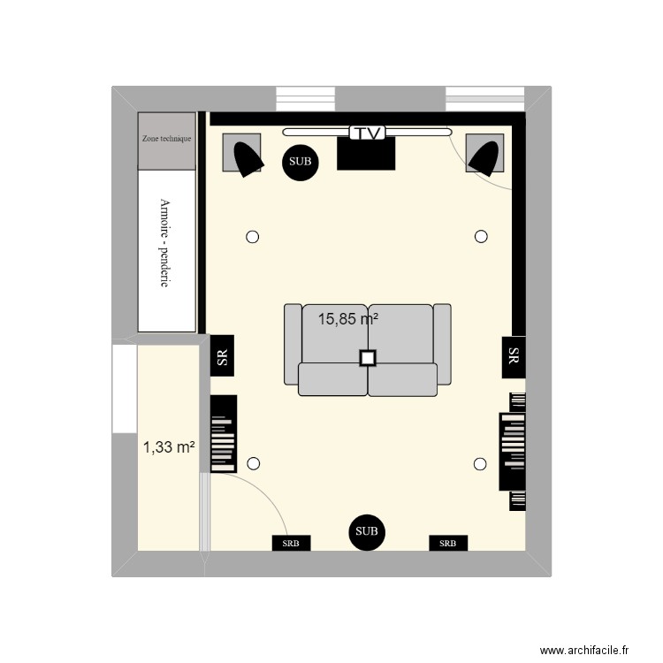 Salle ciné. Plan de 2 pièces et 17 m2