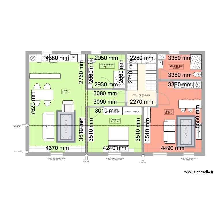 2E ETAGE STUDIO + APPART T2. Plan de 6 pièces et 98 m2