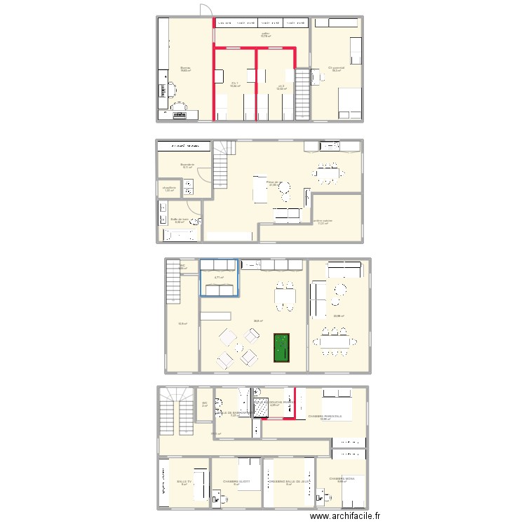 Projet maison . Plan de 24 pièces et 302 m2