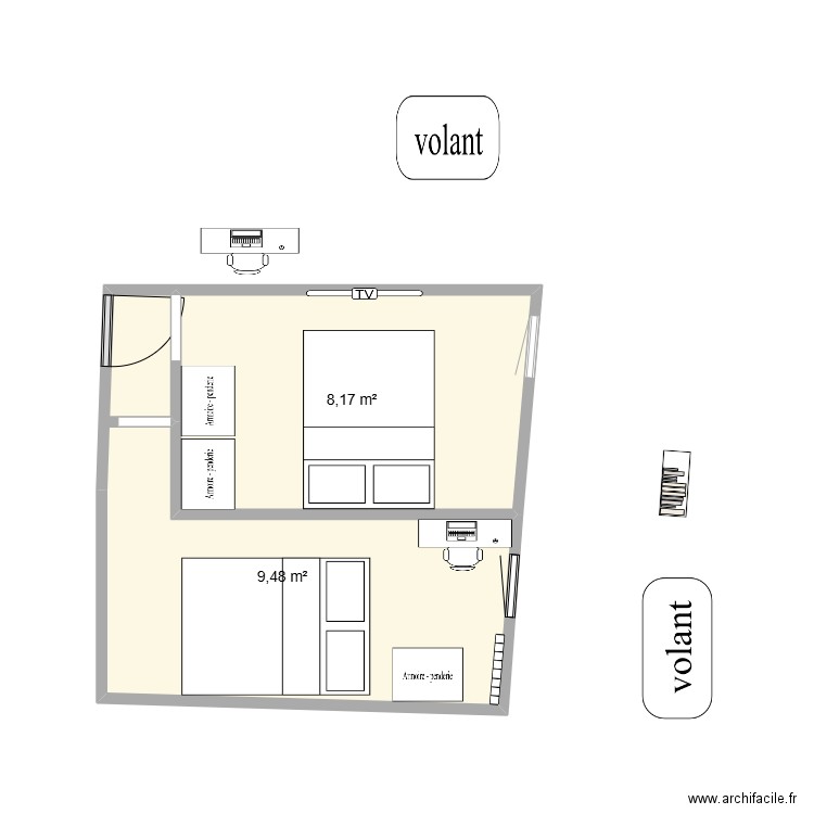 chambre . Plan de 2 pièces et 18 m2