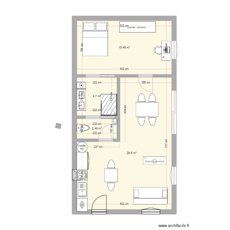 Té. Plan de 4 pièces et 52 m2