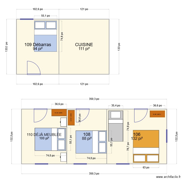 chambres 106-110. Plan de 5 pièces et 49 m2