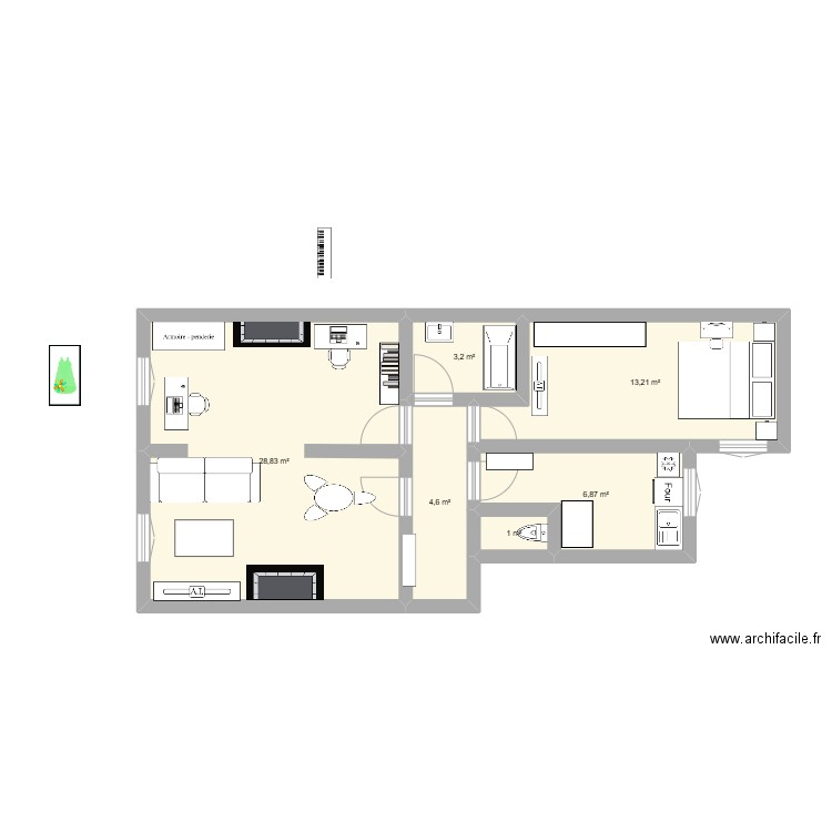 Cométe. Plan de 6 pièces et 57 m2