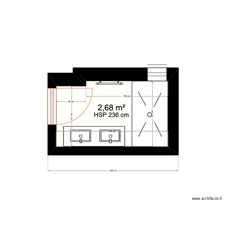 Salle d'Eau. Plan de 1 pièce et 3 m2