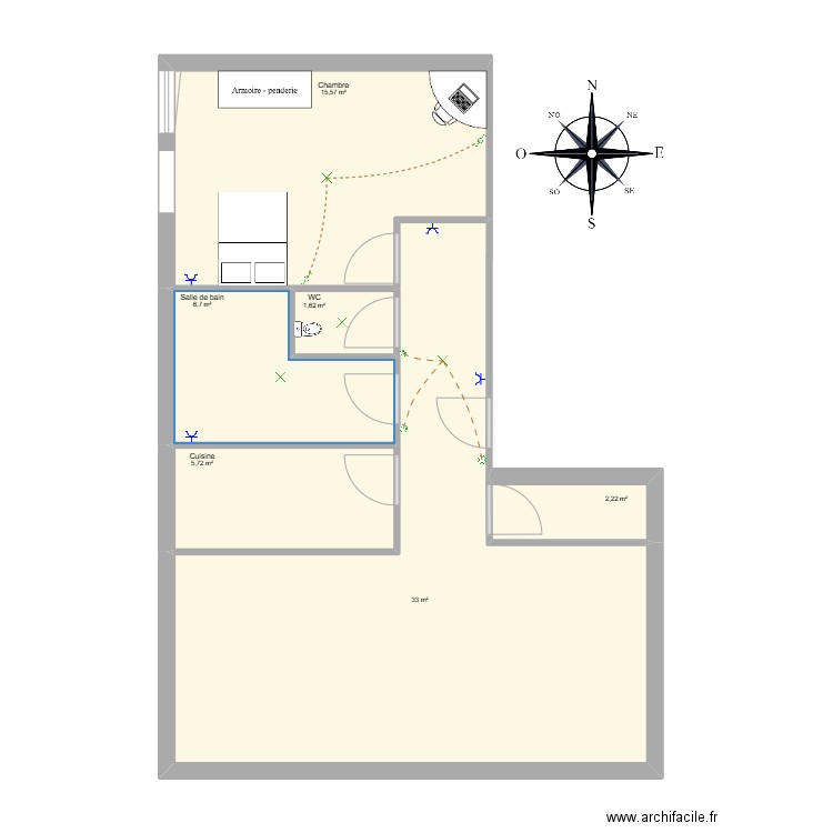 appartement f2 Ghiles. Plan de 6 pièces et 65 m2