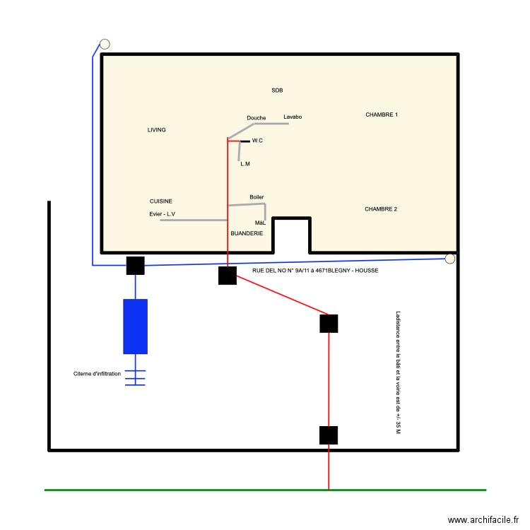 del no. Plan de 1 pièce et 44 m2