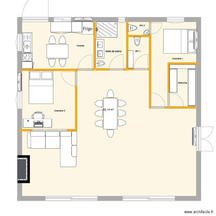 Maison100 m2. Plan de 1 pièce et 98 m2