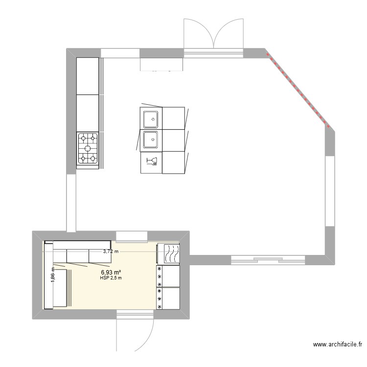 cuisine. Plan de 1 pièce et 7 m2