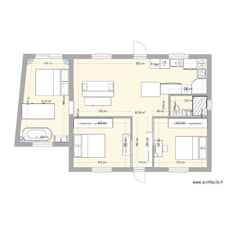 agencement 4 - projet 1. Plan de 2 pièces et 64 m2