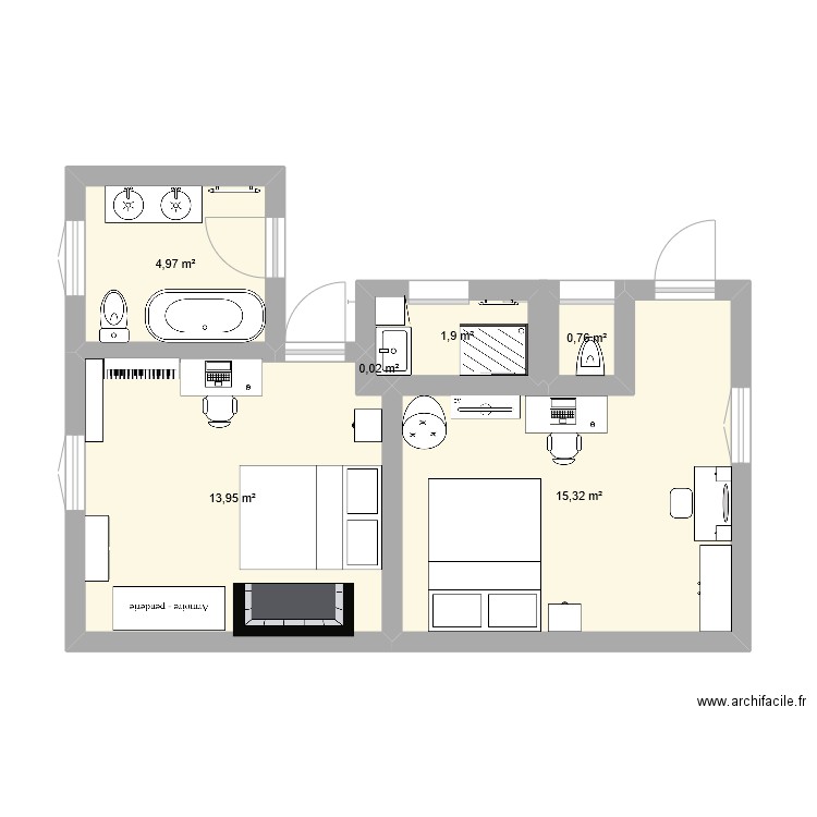 chambre. Plan de 6 pièces et 37 m2