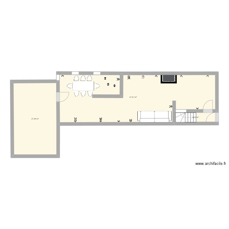 Rez-de-chaussée. Plan de 3 pièces et 72 m2