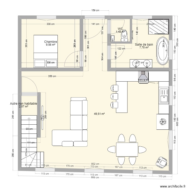 1ER ETAGE. Plan de 5 pièces et 70 m2