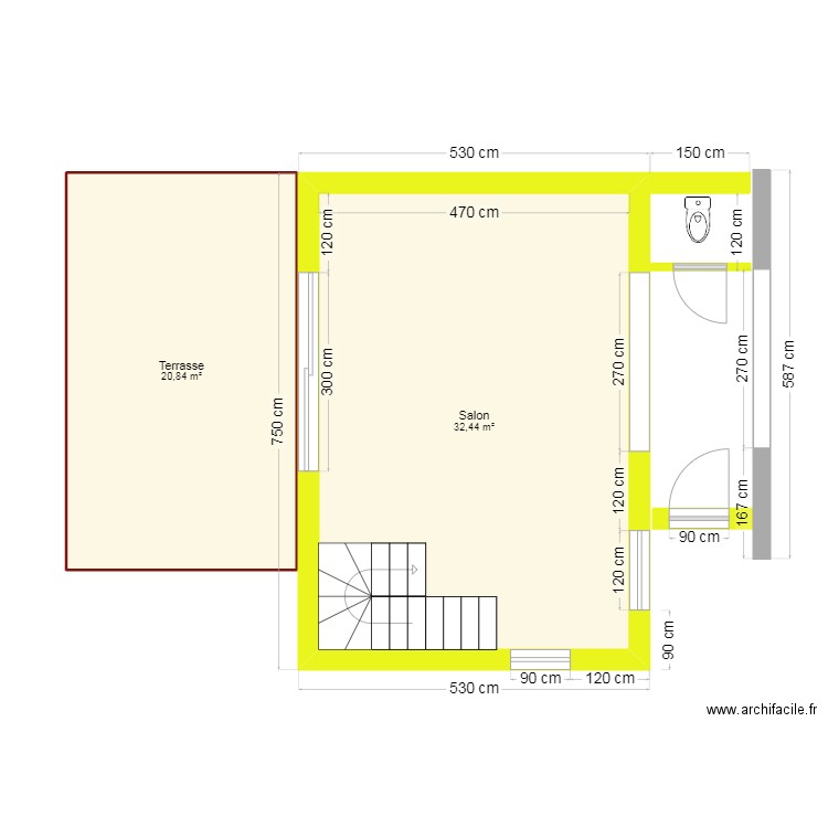 Pan 3 Vue  REZ + terrasse 14.01.25 Branchon. Plan de 2 pièces et 53 m2