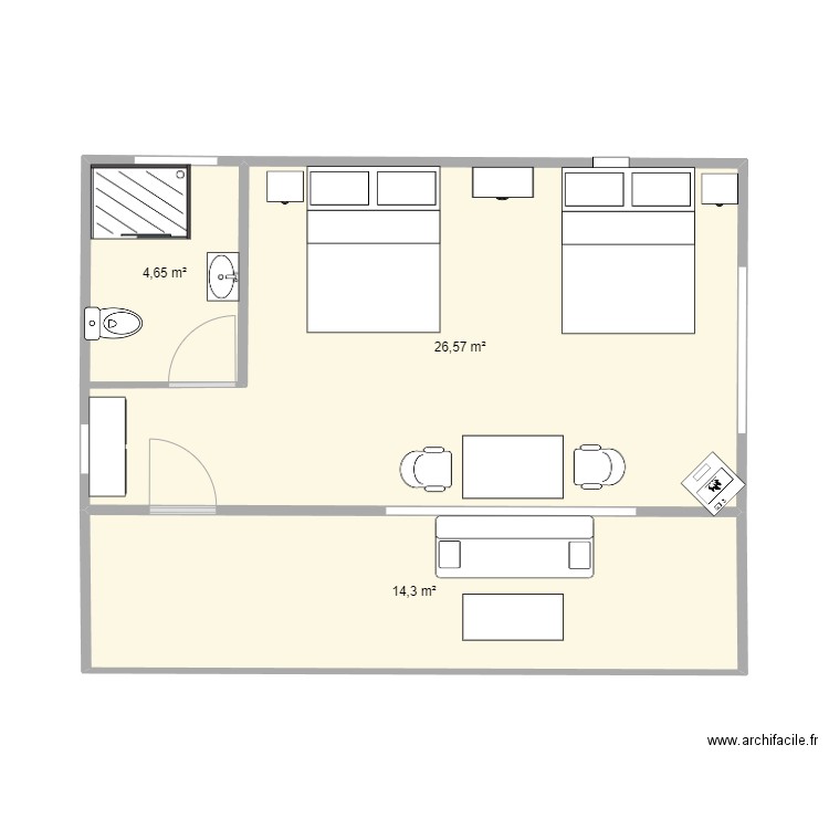 Cabaña 2 persoans. Plan de 3 pièces et 46 m2