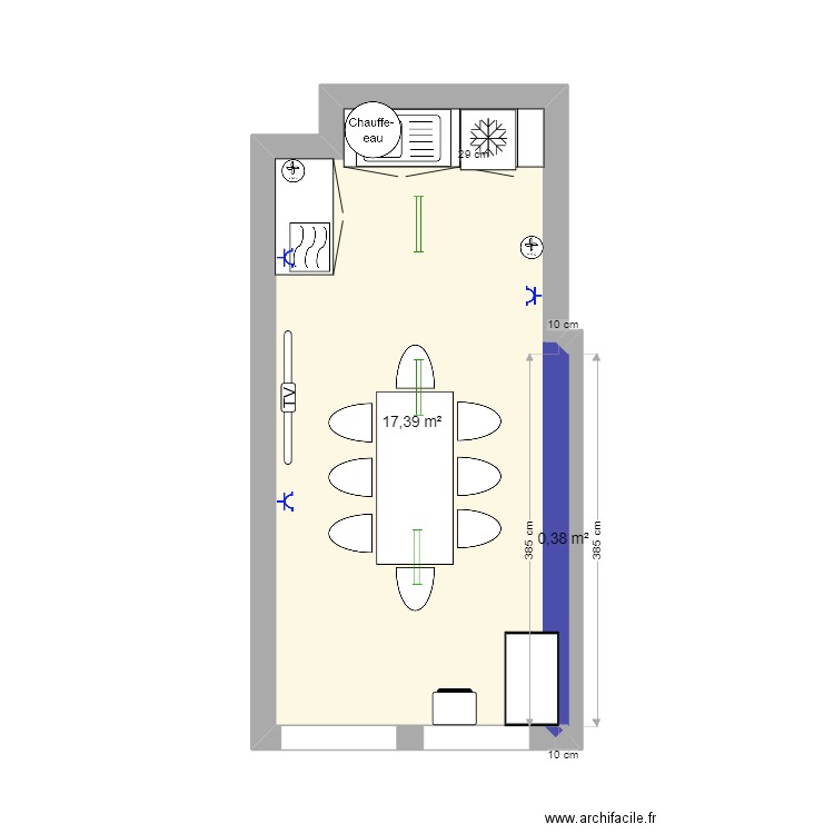 Bureau Arolles A - cuisine fond. Plan de 2 pièces et 18 m2