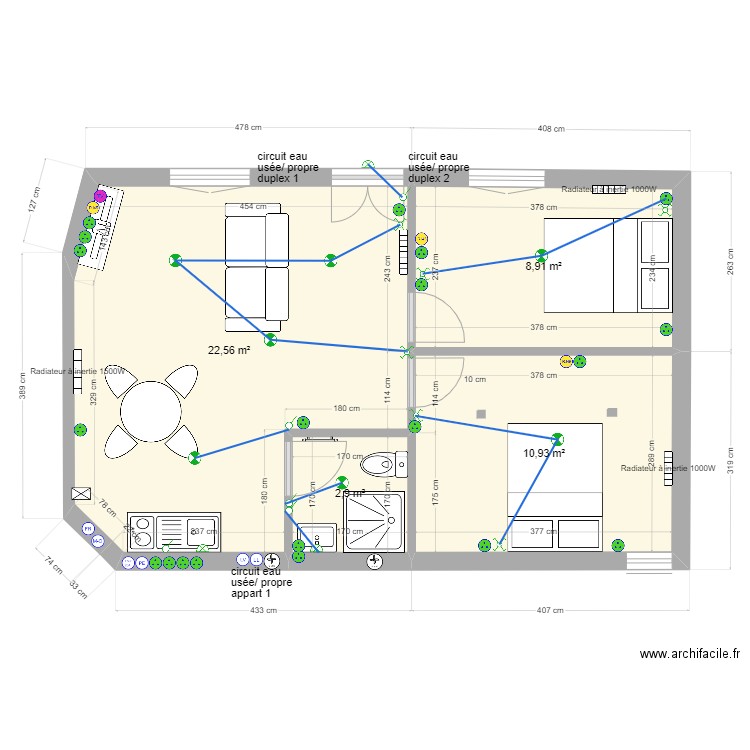 plan de appart 1 bis2. Plan de 4 pièces et 45 m2