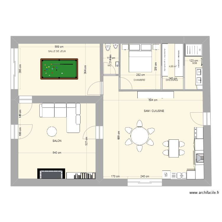 Projection 104 B coté. Plan de 3 pièces et 113 m2