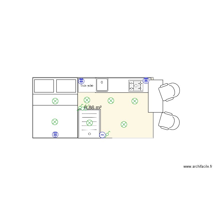 T2 vue de dessus. Plan de 1 pièce et 7 m2