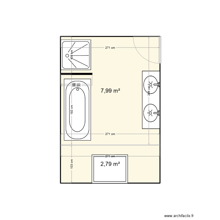 Salle de bain originale. Plan de 2 pièces et 11 m2