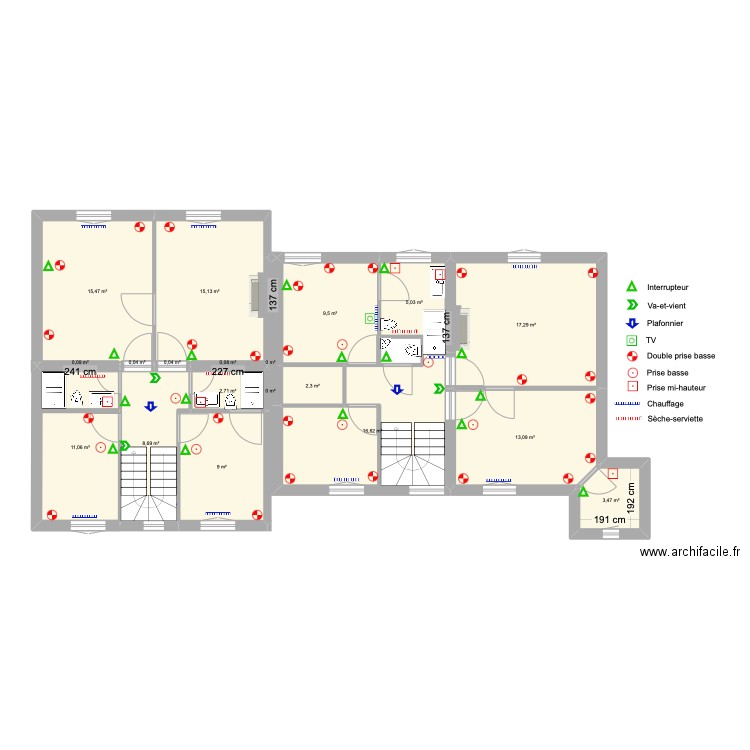 Tourelles 1er new Electricité. Plan de 27 pièces et 198 m2