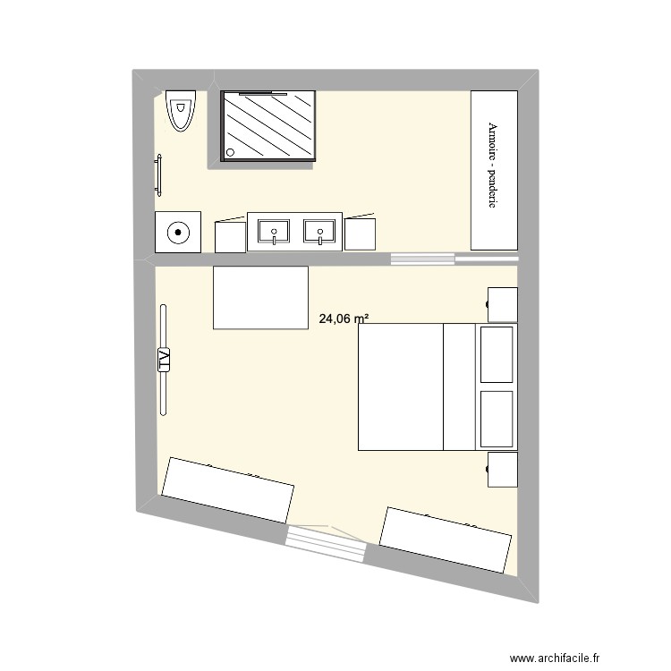 Chambre salle de bain appart gauche. Plan de 1 pièce et 24 m2