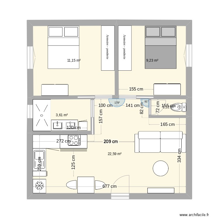 Maison 55m². Plan de 5 pièces et 48 m2