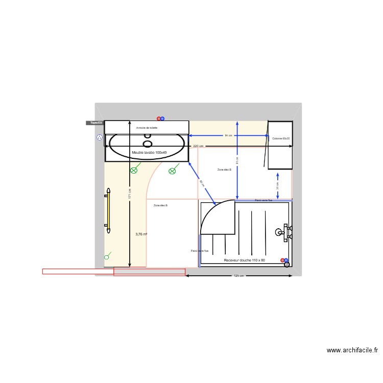 SDB Rossan_V110x90 arrondi. Plan de 1 pièce et 4 m2