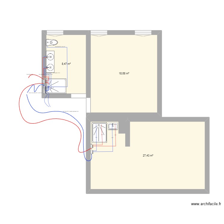 Plomberie 1er étage. Plan de 3 pièces et 55 m2