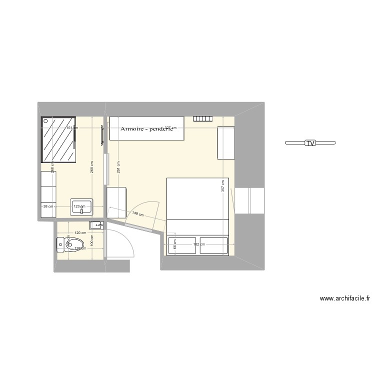 suite parentale. Plan de 3 pièces et 16 m2