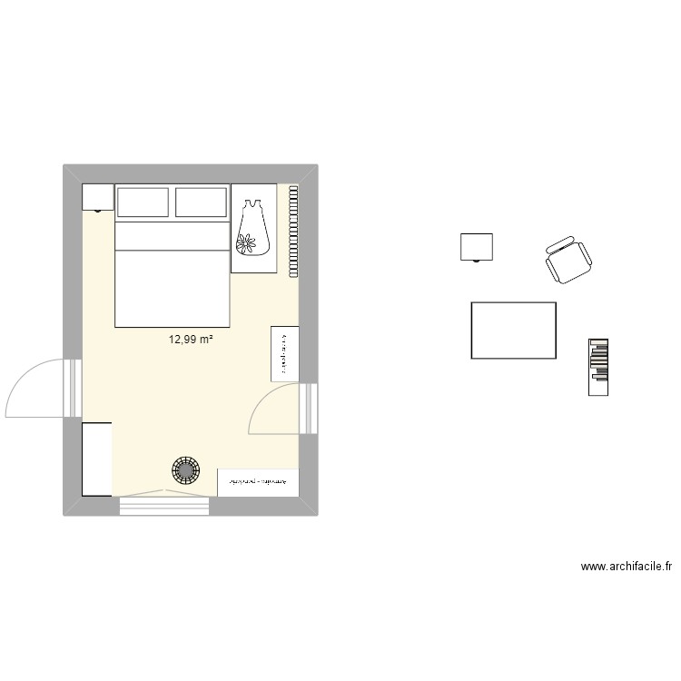 Chambre parentale 7/10. Plan de 1 pièce et 13 m2