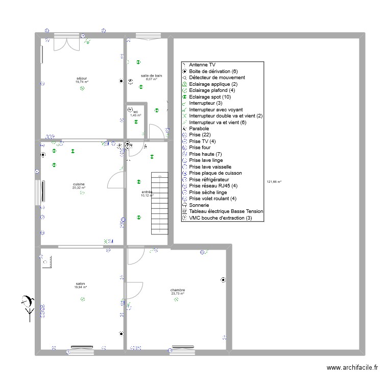 Marion1er etage éclairage. Plan de 8 pièces et 225 m2