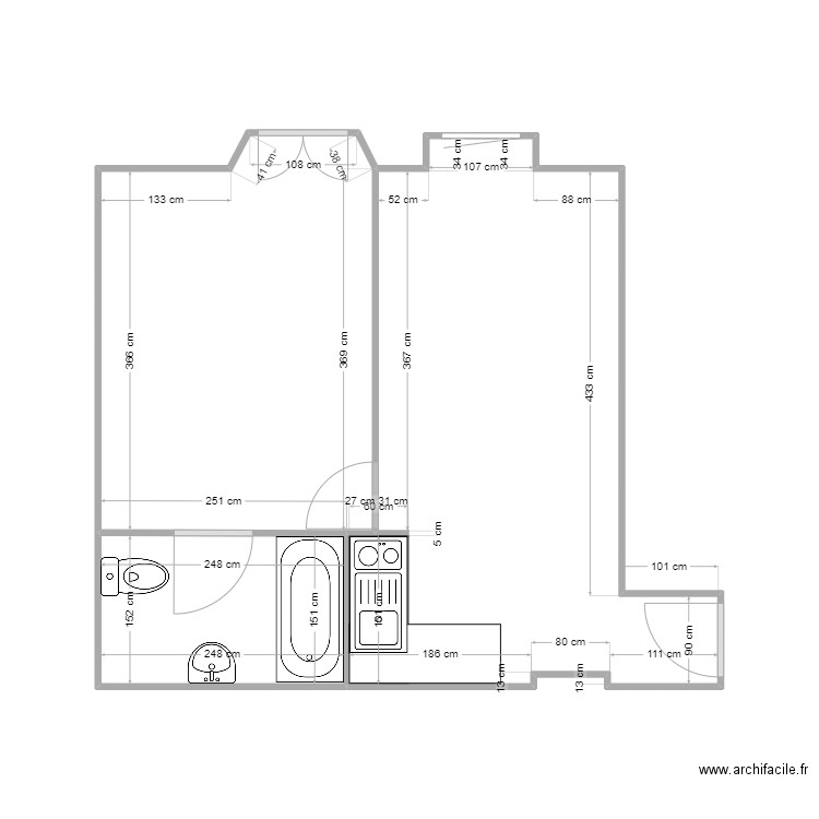 Appt 2. Plan de 3 pièces et 29 m2