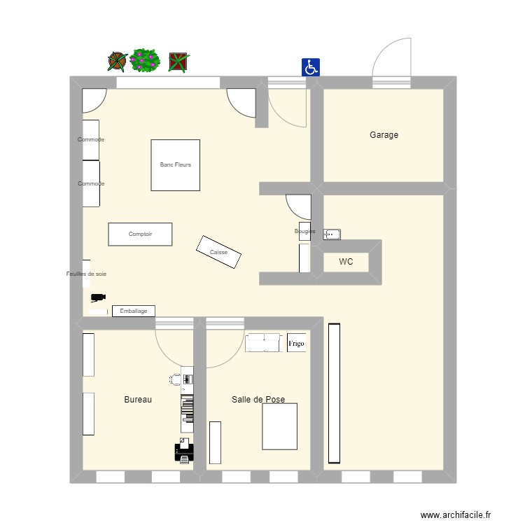 IDEEFLORALE-PLAN-BOUTIQUE. Plan de 5 pièces et 54 m2